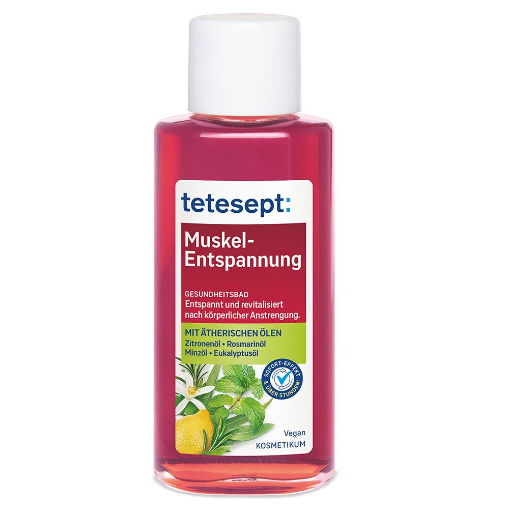 tetesept® Muskel Entspannung. Liquide rouge en flacon. Aux huiles essentielles. Vegan.