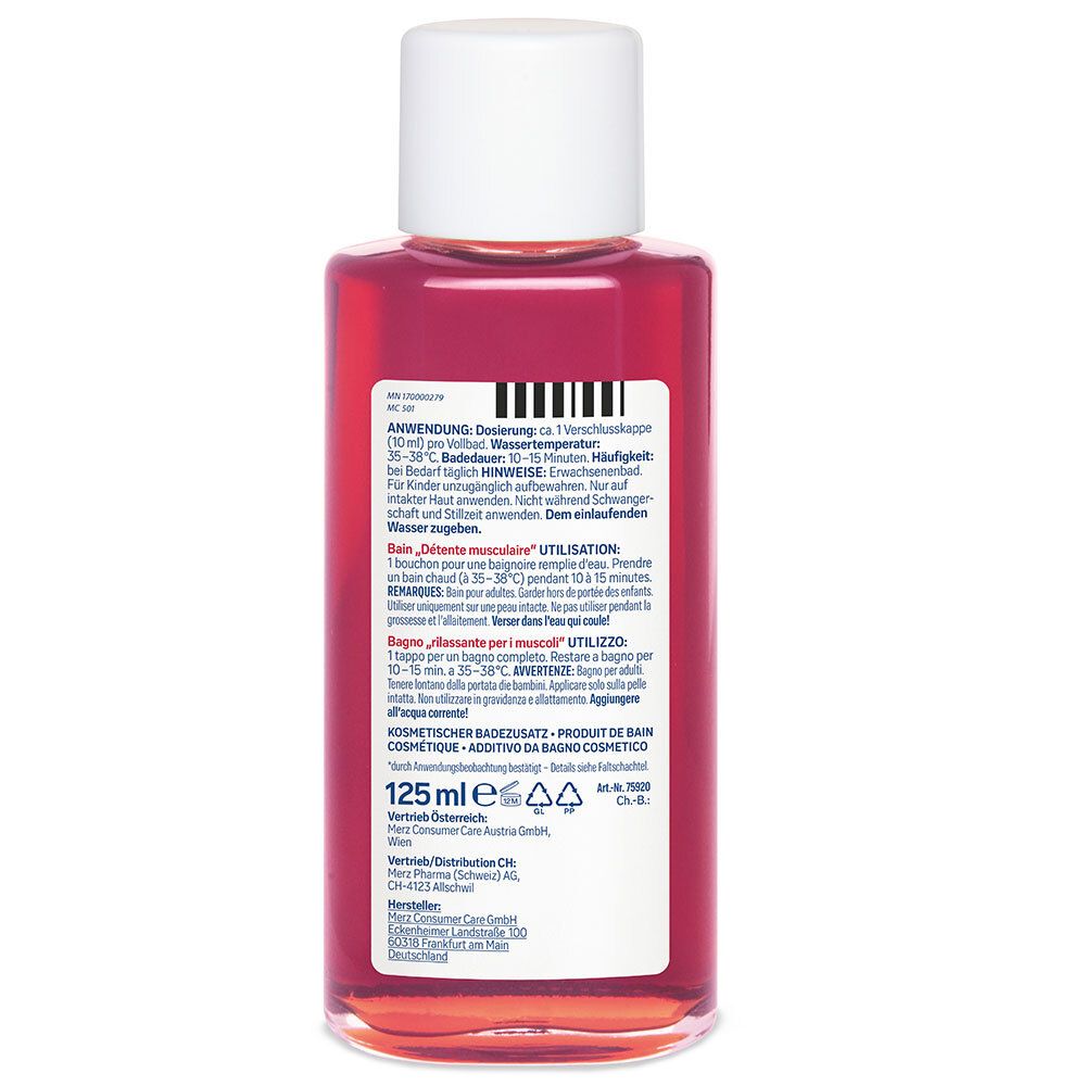 tetesept® Muskel Entspannung. Dos de la bouteille avec informations. 125 ml. Cosmétique.