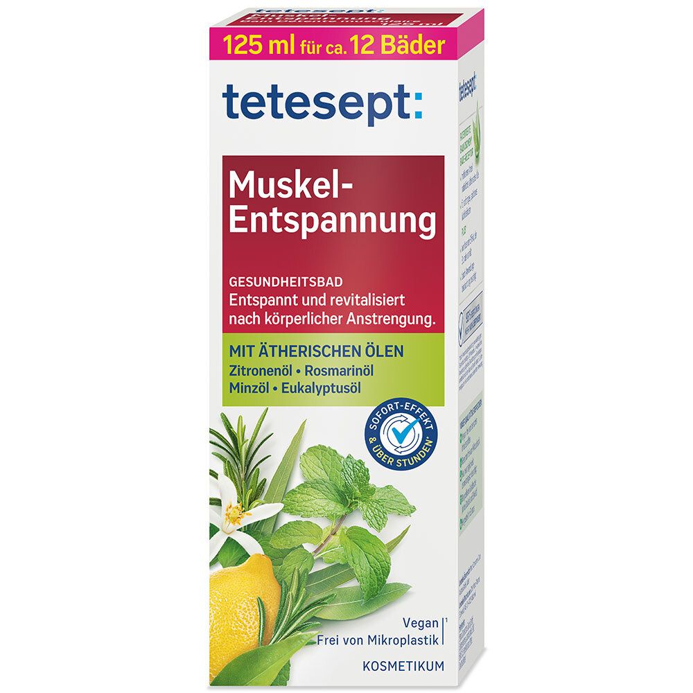 tetesept® Muskel Entspannung. Boîte avec informations produit. Aux huiles essentielles. Vegan.
