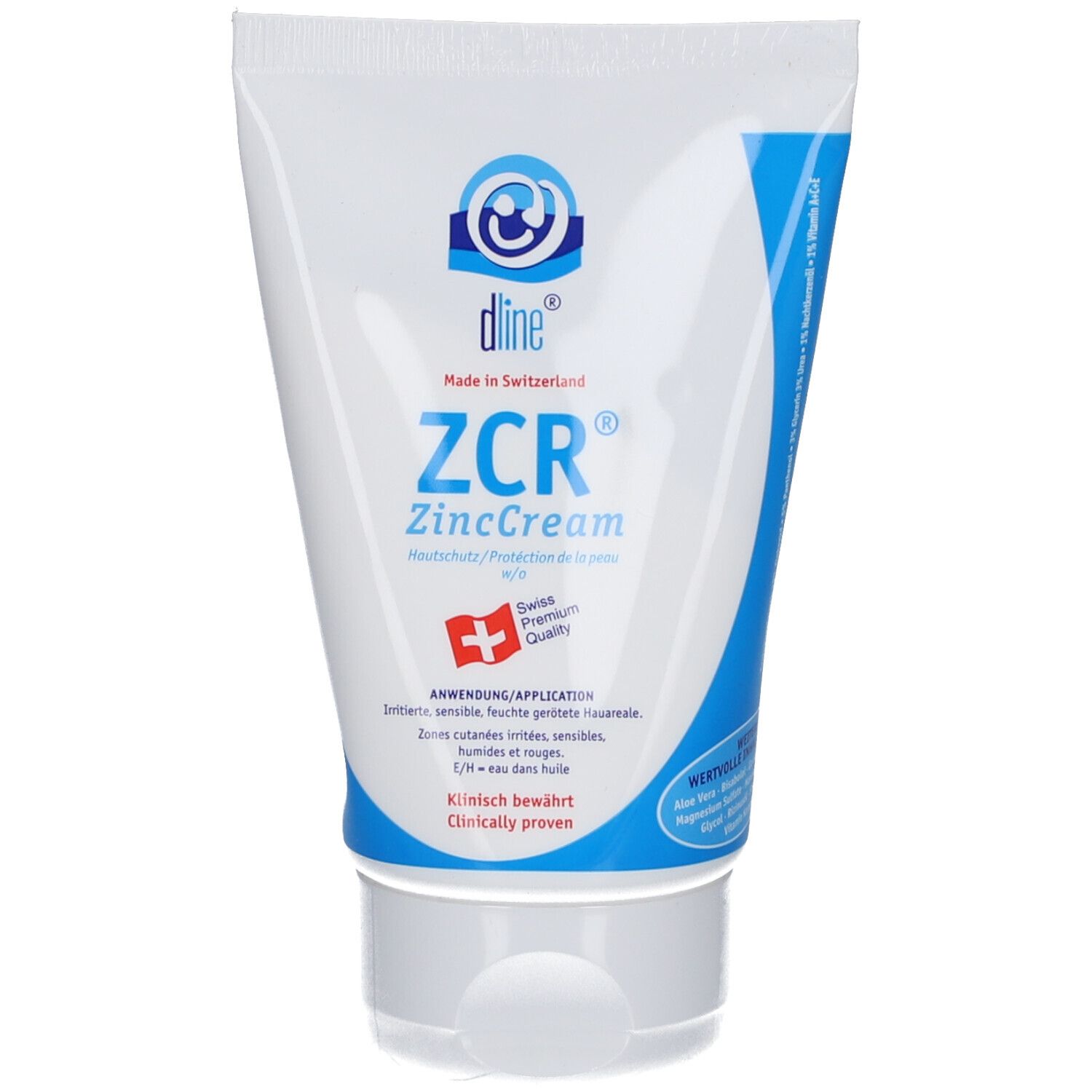 Tube blanc dline® ZCR® ZincCream. Bouchon et texte bleus. Croix suisse. "Hautschutz/Protection de la peau".