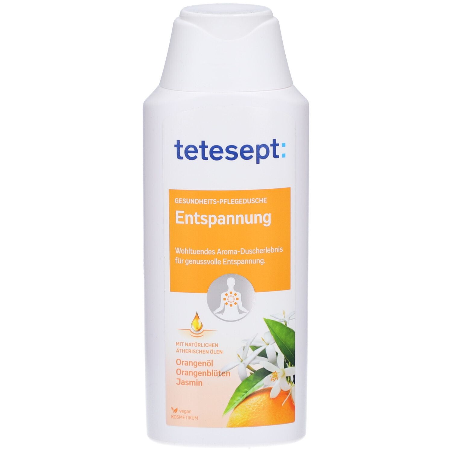 Gel douche tetesept® Entspannung blanc. Étiquette orange avec nom et ingrédients. Vegan.