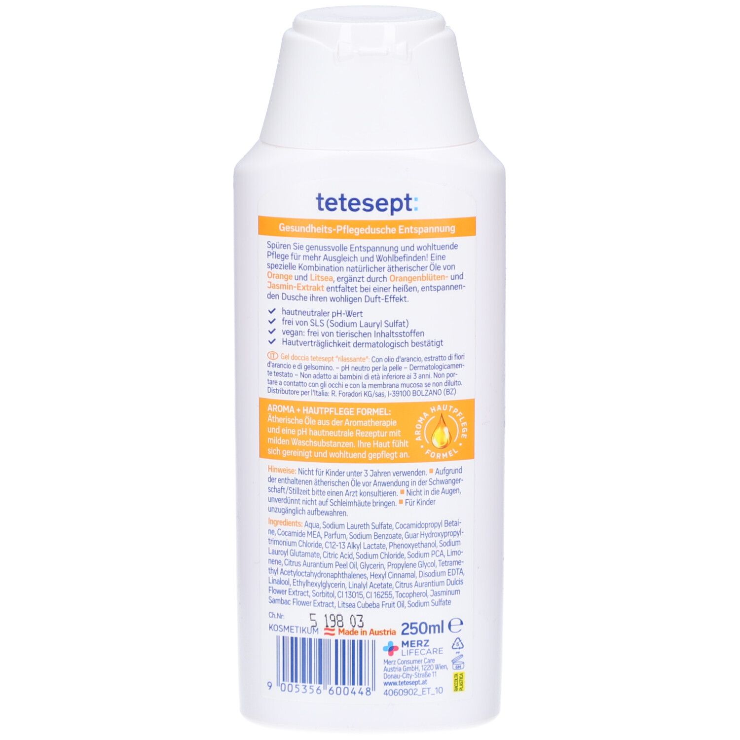 Dos du gel douche tetesept® Entspannung. Informations textuelles sur fond blanc. 250ml.