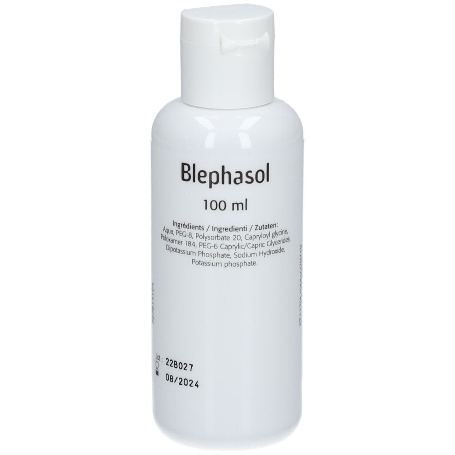 Flacon blanc avec bouchon rabattable. Inscription: Blephasol, 100 ml, liste des ingrédients. Numéro de lot et date d'expiration.