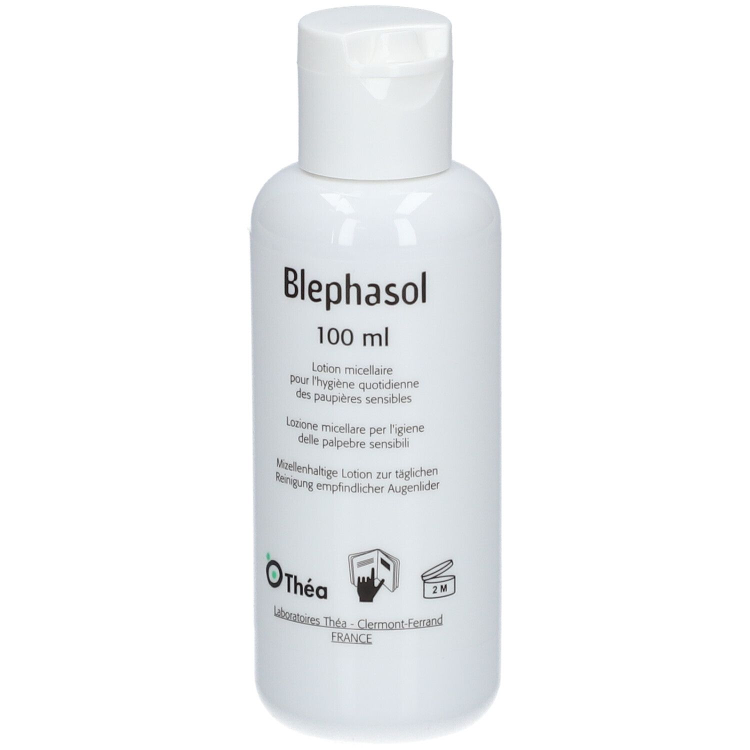Flacon blanc avec bouchon rabattable. Inscription: Blephasol, 100 ml. Texte en français. Logo Théa. Pictogrammes.