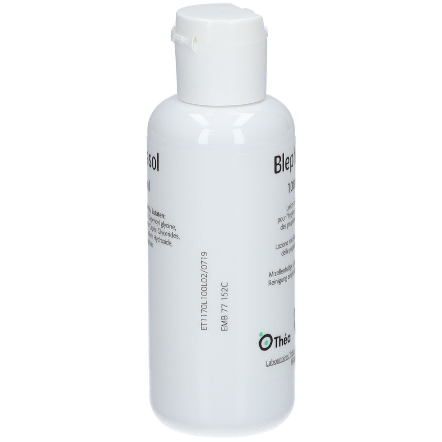 Flacon blanc avec bouchon rabattable. Inscription: Blephasol, 100 ml. Texte en français. Logo Théa. Numéro de lot.