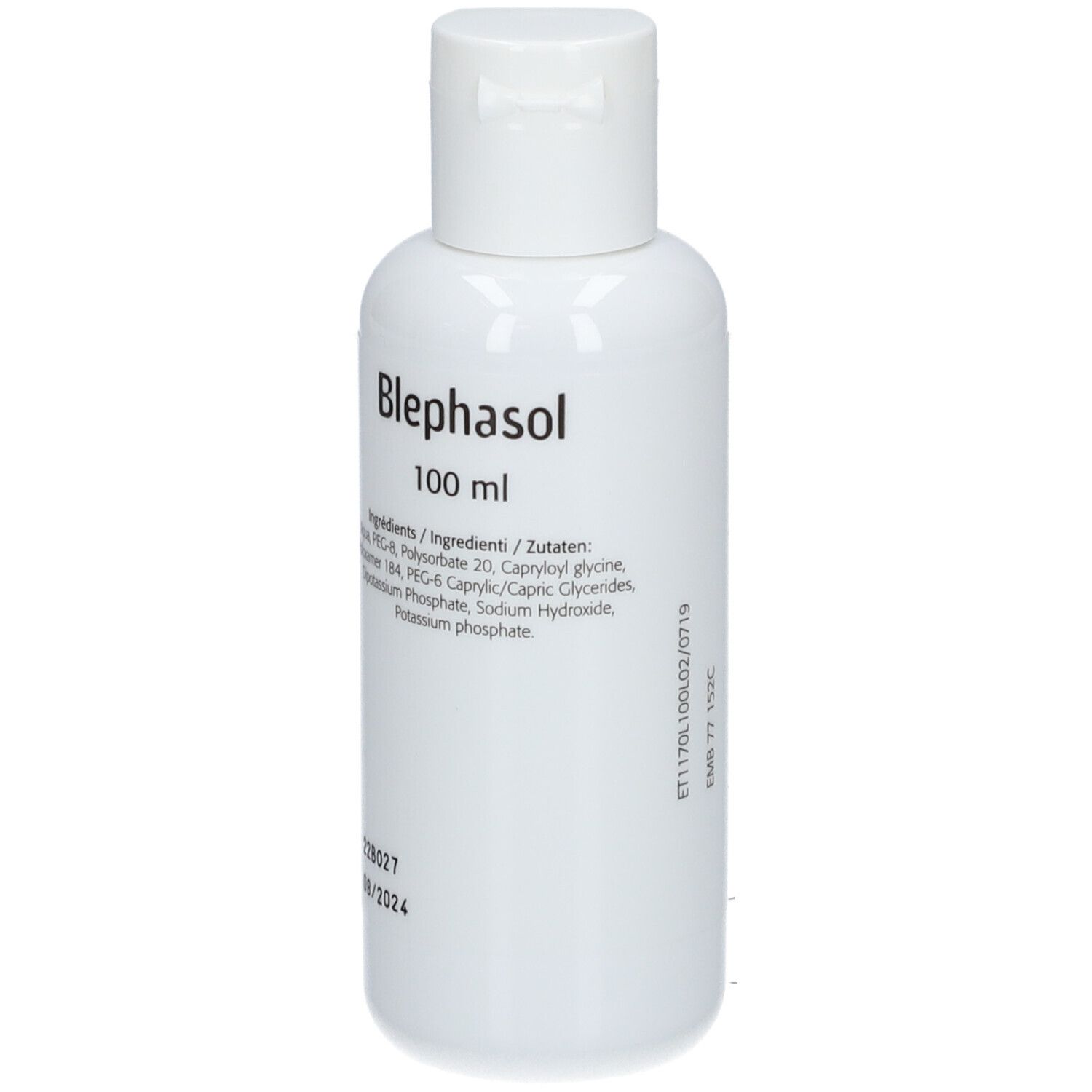 Flacon blanc avec bouchon rabattable. Inscription: Blephasol, 100 ml, liste des ingrédients. Numéro de lot et date d'expiration.