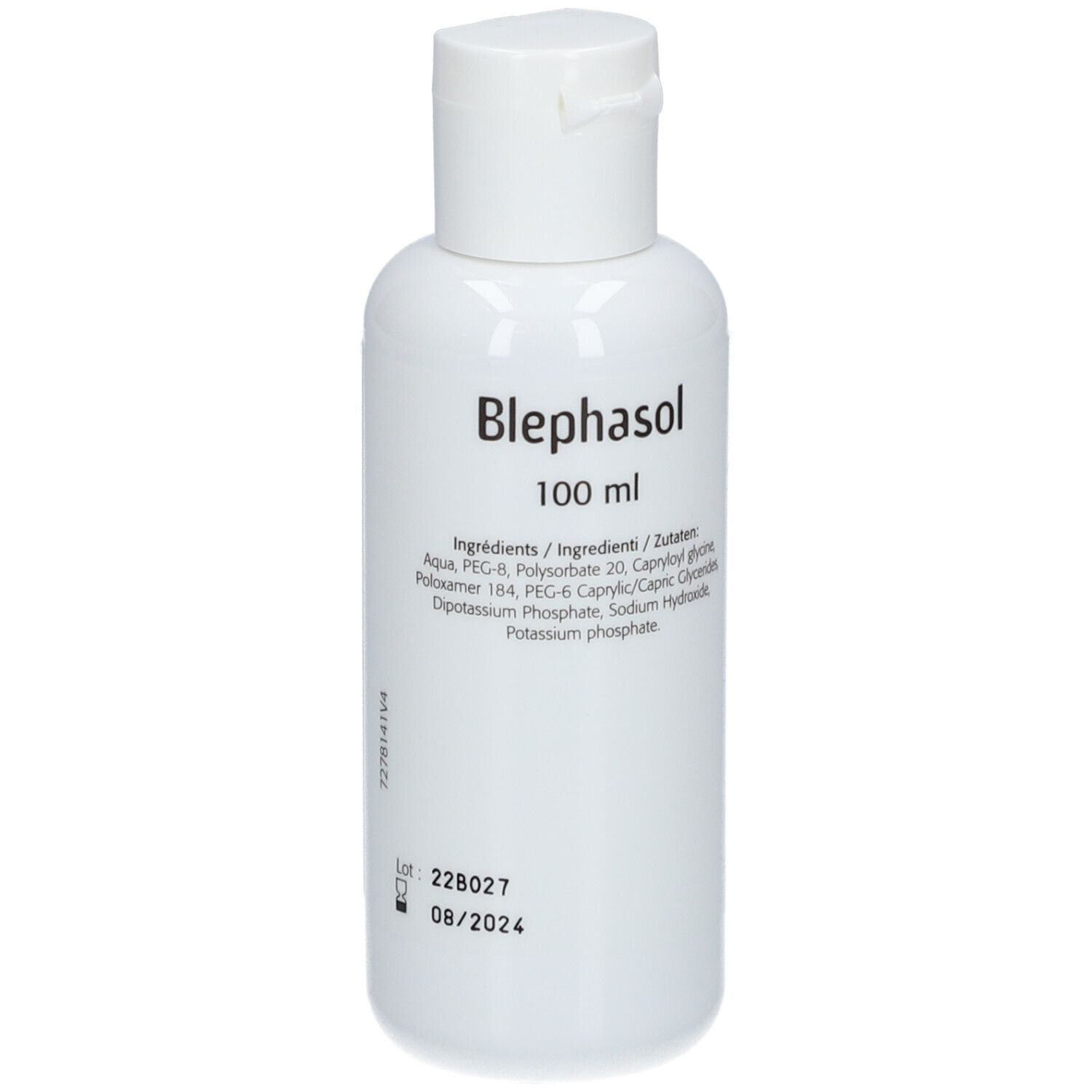Flacon blanc avec bouchon rabattable. Inscription: Blephasol, 100 ml, liste des ingrédients. Numéro de lot et date d'expiration.