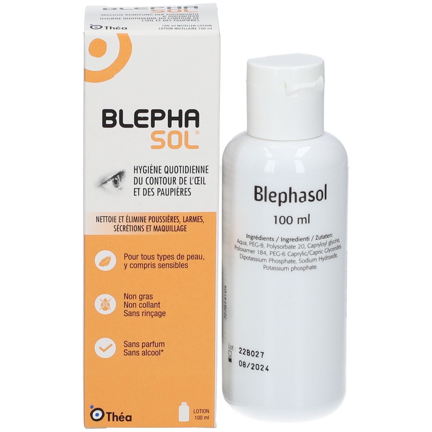 Flacon blanc avec bouchon rabattable et boîte. Inscription: Blephasol, 100 ml. Boîte avec informations produit et logo Théa.