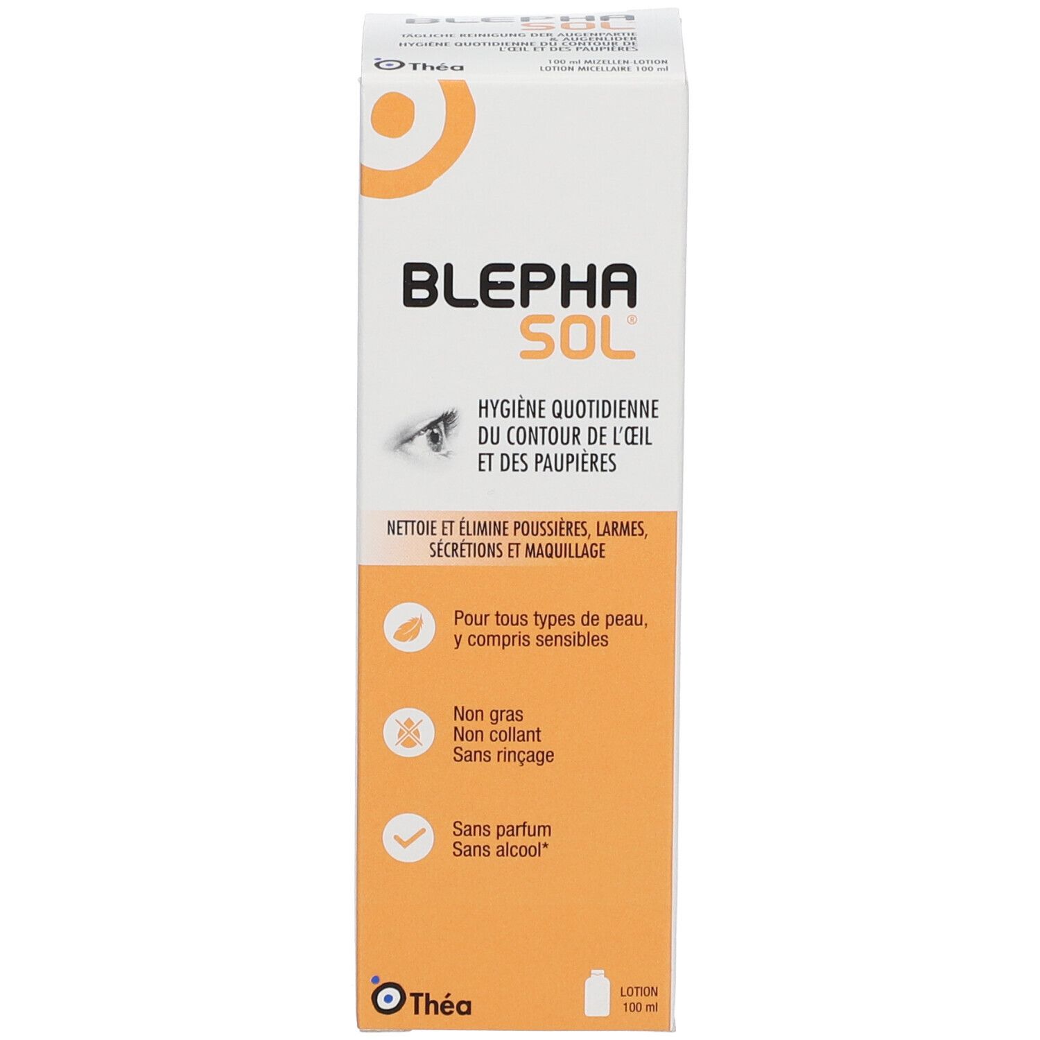 Boîte avec inscription: Blephasol, logo Théa. Informations produit et pictogrammes. Couleurs: blanc et orange.
