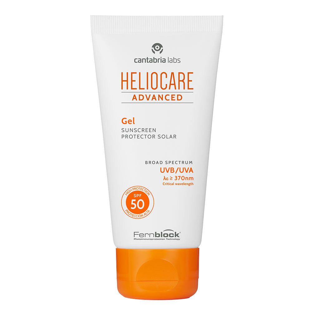 Tube blanche avec bouchon orange. Inscription: HELIOCARE ADVANCED Gel LSF 50. Logo et texte orange.