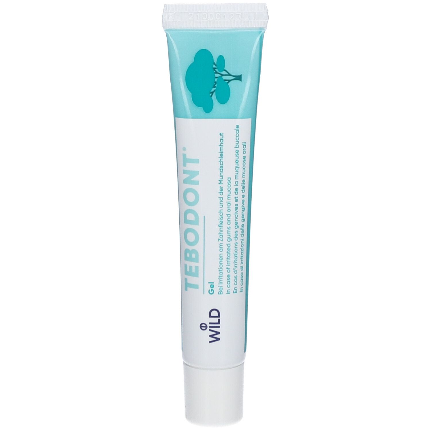 Boîte verte avec texte blanc. Inscription: TEBODONT® Gel. Logo arbre. 10 ml. Croix suisse.