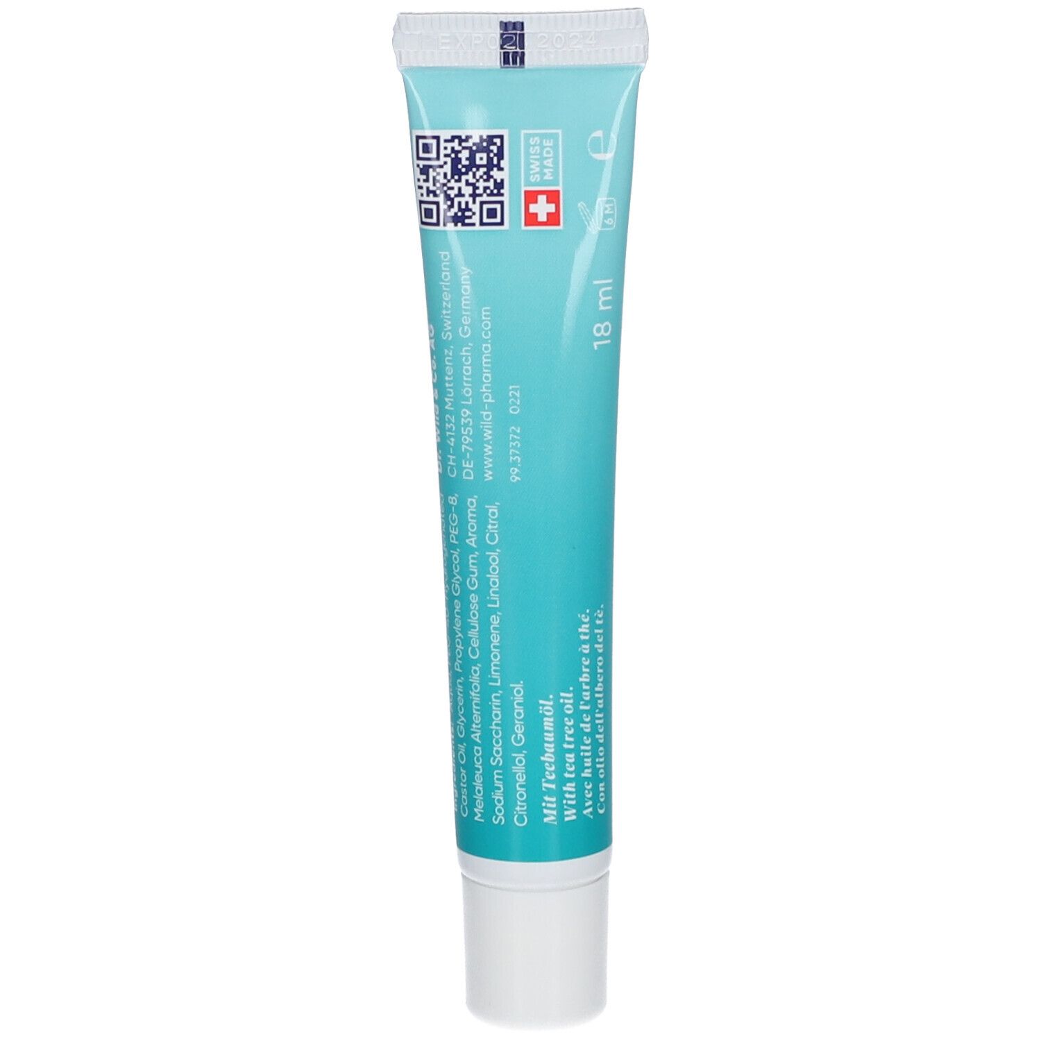 Tube de dentifrice, bleu clair. Inscription: TEBODONT® Gel. Code QR. Croix suisse. 18 ml. Avec huile de théier.