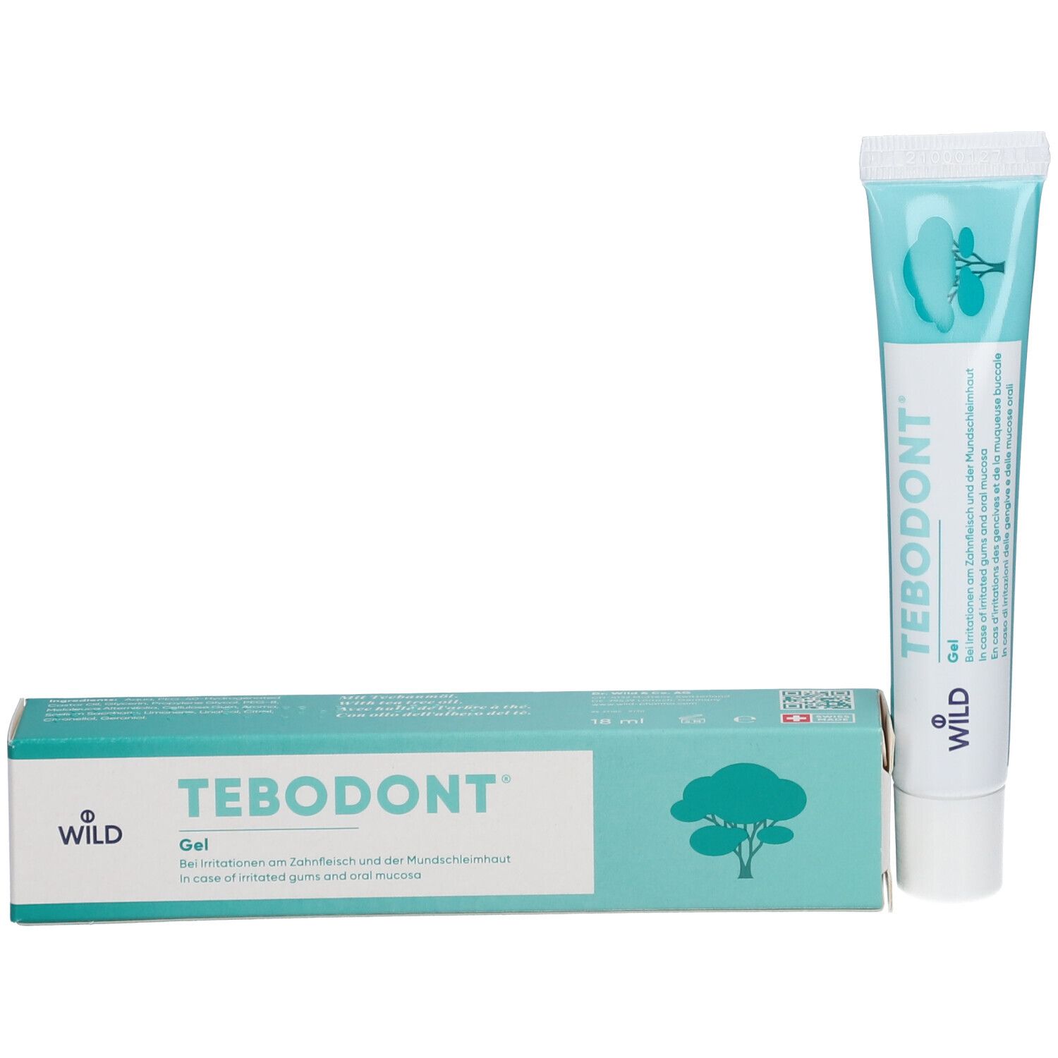 Boîte et tube. Inscription: TEBODONT® Gel. Logo arbre. Croix suisse. Tube et boîte côte à côte.