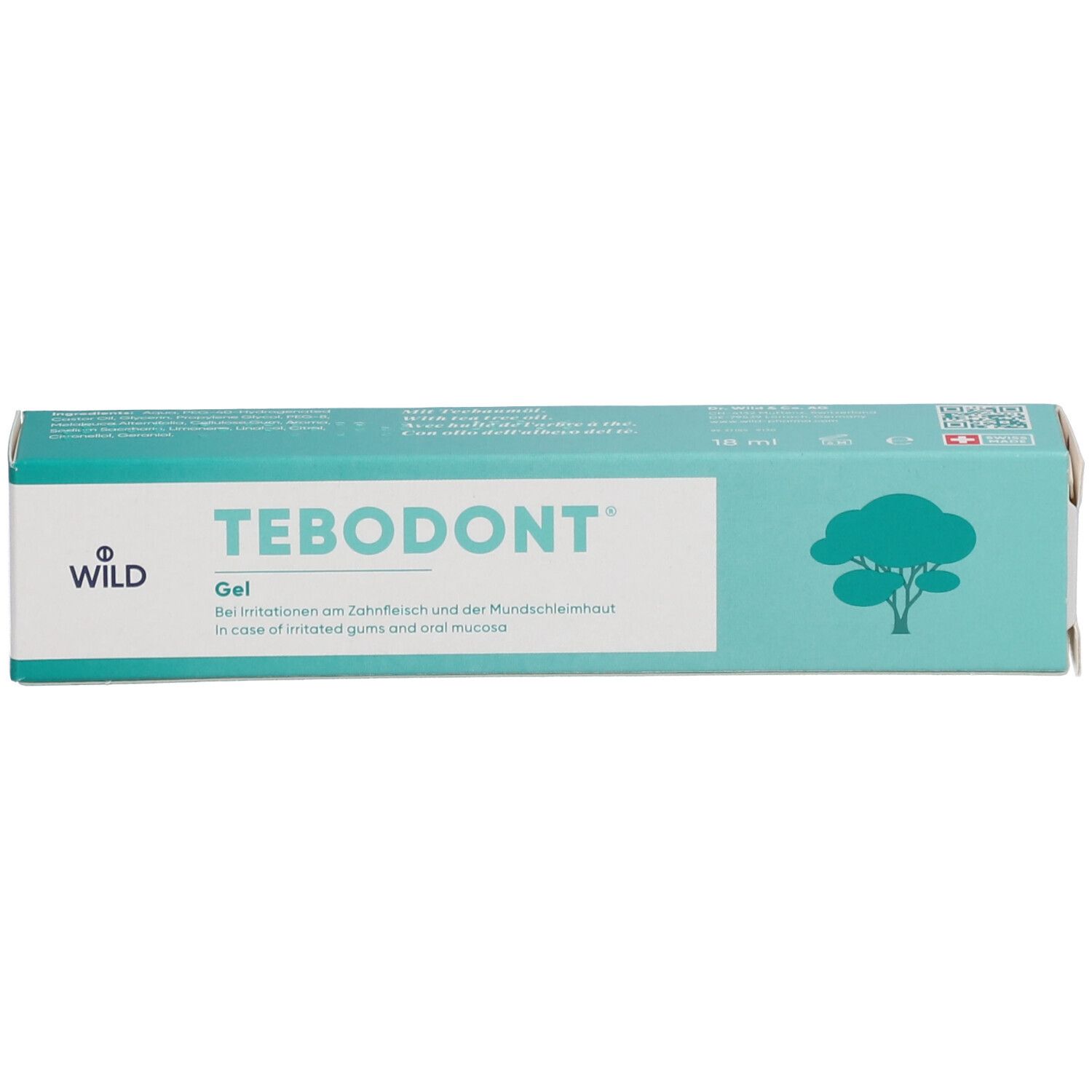 Boîte verte avec texte blanc. Inscription: TEBODONT® Gel. Logo arbre. Croix suisse.