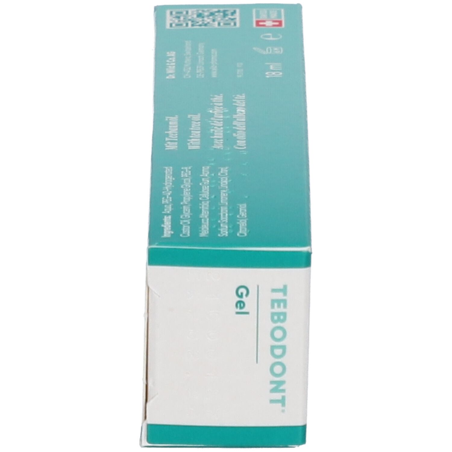 Boîte verte avec texte blanc. Inscription: TEBODONT® Gel. Logo arbre. Croix suisse. 10 ml.