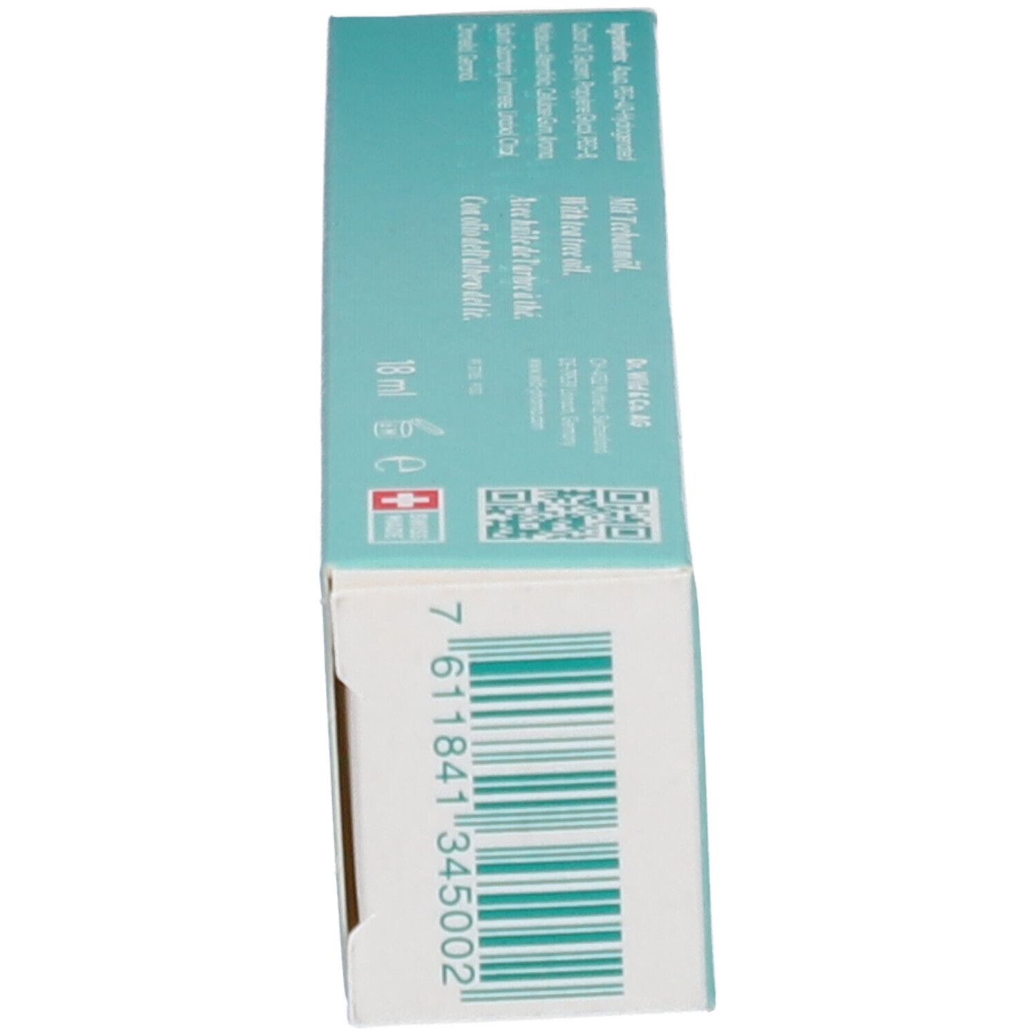 Boîte, dessous. Code-barres. Inscription: TEBODONT® Gel. Croix suisse. 18 ml.