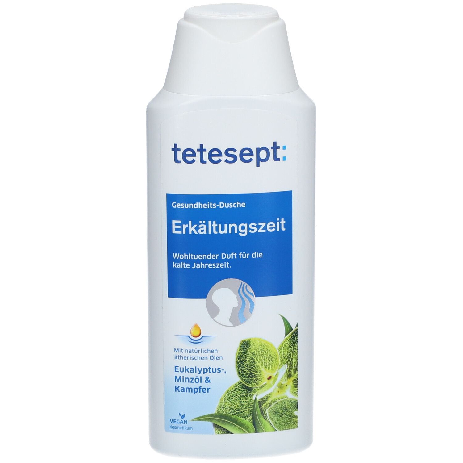 Gel douche tetesept® Erkältungszeit blanc. Étiquettes bleues et vertes avec nom et ingrédients. Vegan.