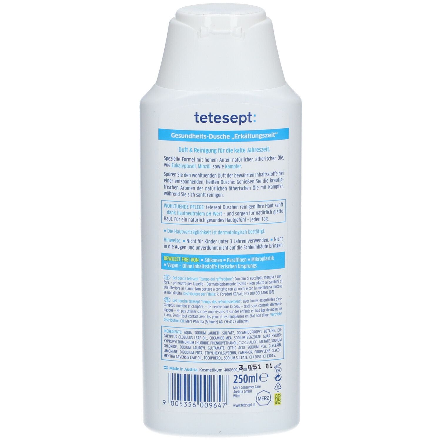 Dos de la bouteille de gel douche tetesept® Erkältungszeit. Informations textuelles en allemand. Label vegan.