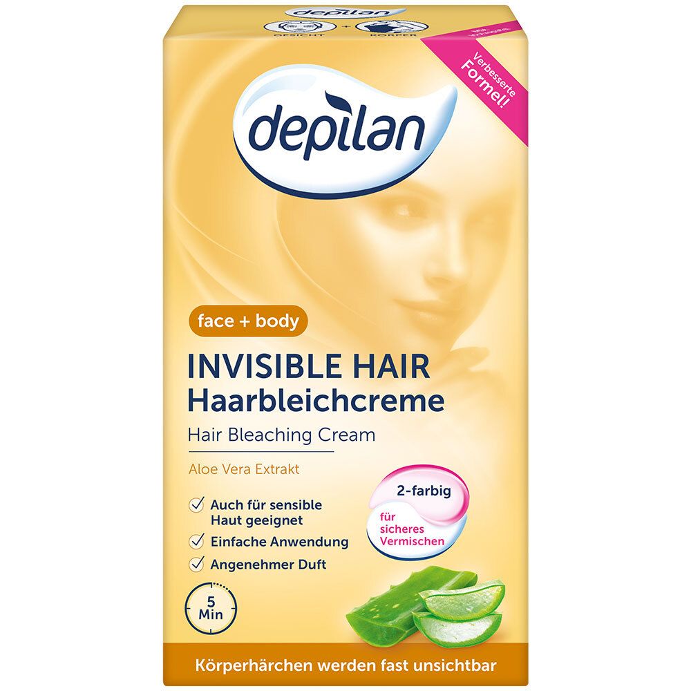 Boîte jaune avec nom du produit et visage. Texte: Invisible Hair Hair Bleaching Cream. Extrait d'Aloe Vera. 5 min. Bicolore.