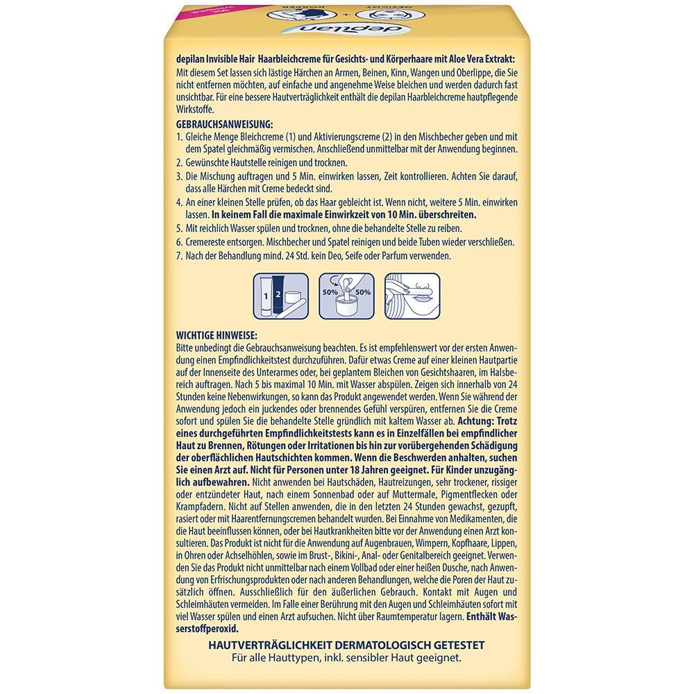 Dos de l'emballage avec mode d'emploi et informations importantes. Texte en allemand. Testé dermatologiquement.