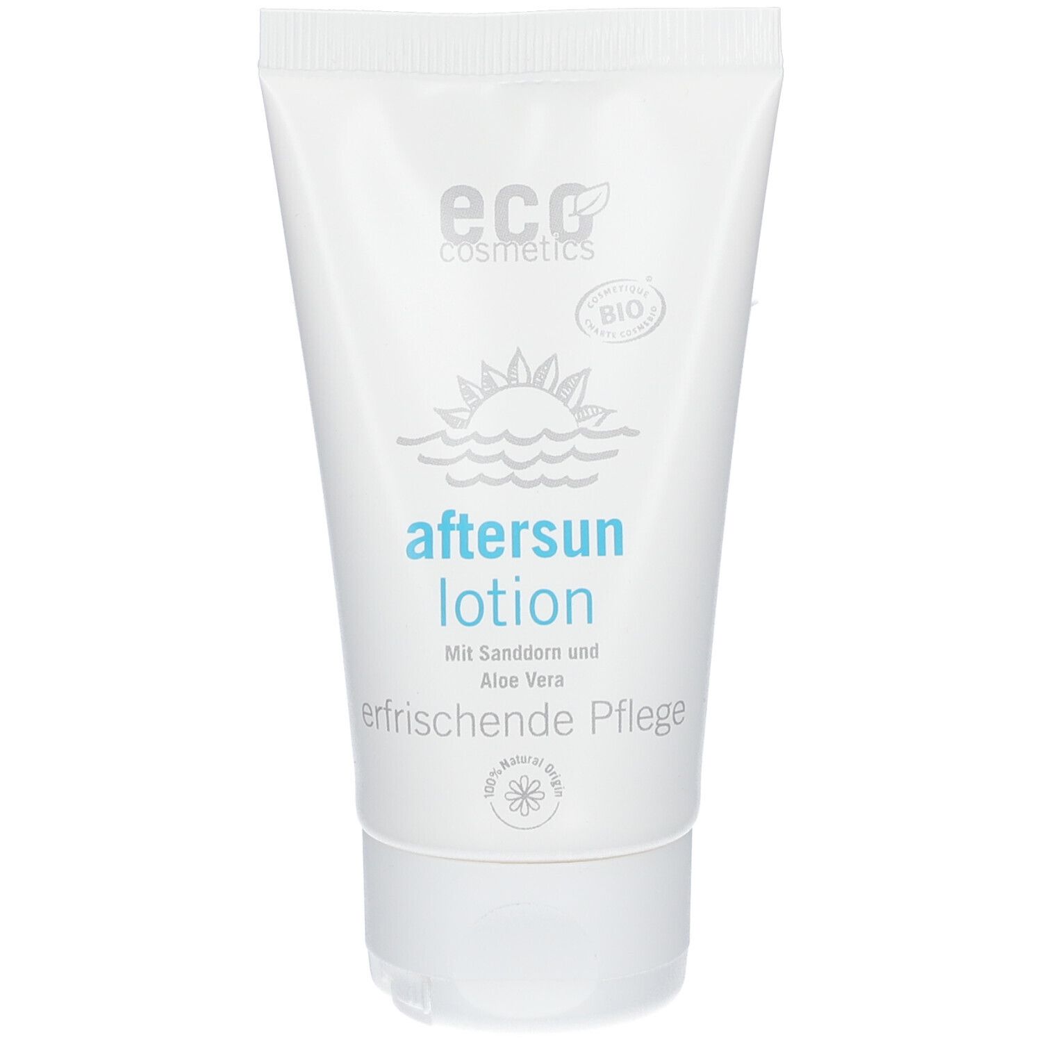Tube blanche avec inscription bleue "aftersun lotion". Logo et texte "erfrischende Pflege". Label bio.