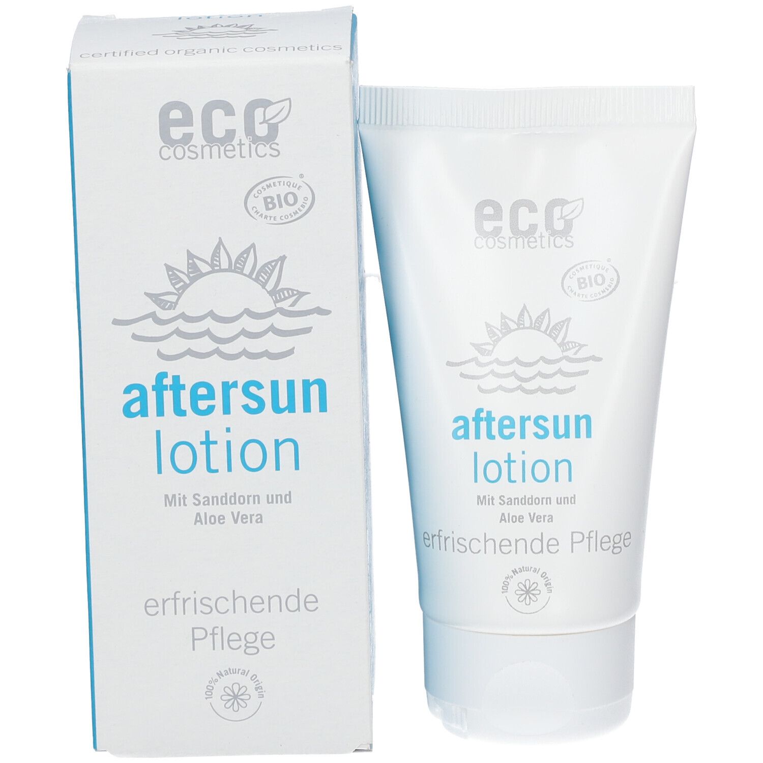 Emballage et tube. Emballage : blanc avec inscription bleue "aftersun lotion". Tube : blanc avec inscription bleue.
