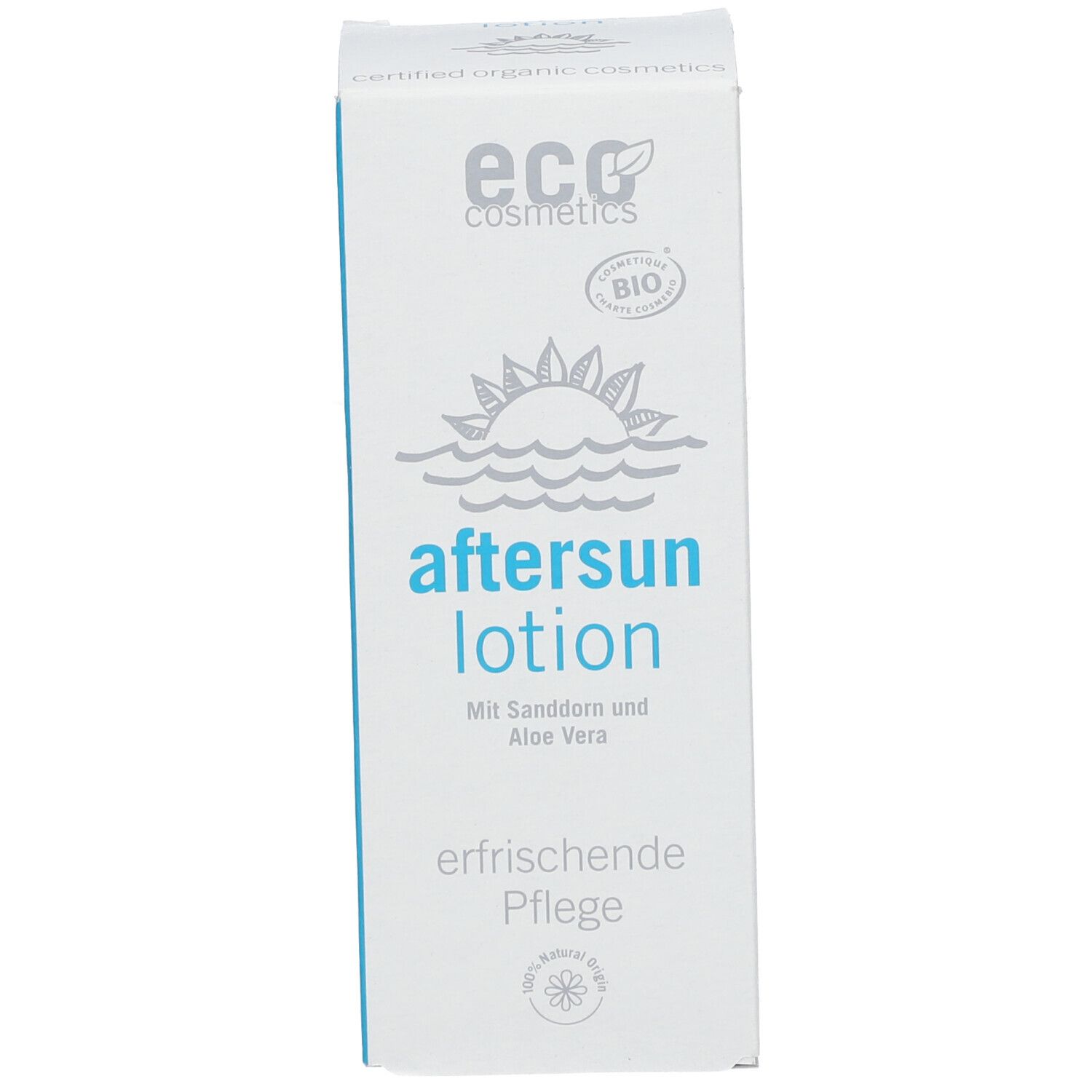 Emballage blanc avec inscription bleue "aftersun lotion". Logo et texte "erfrischende Pflege". Label bio.