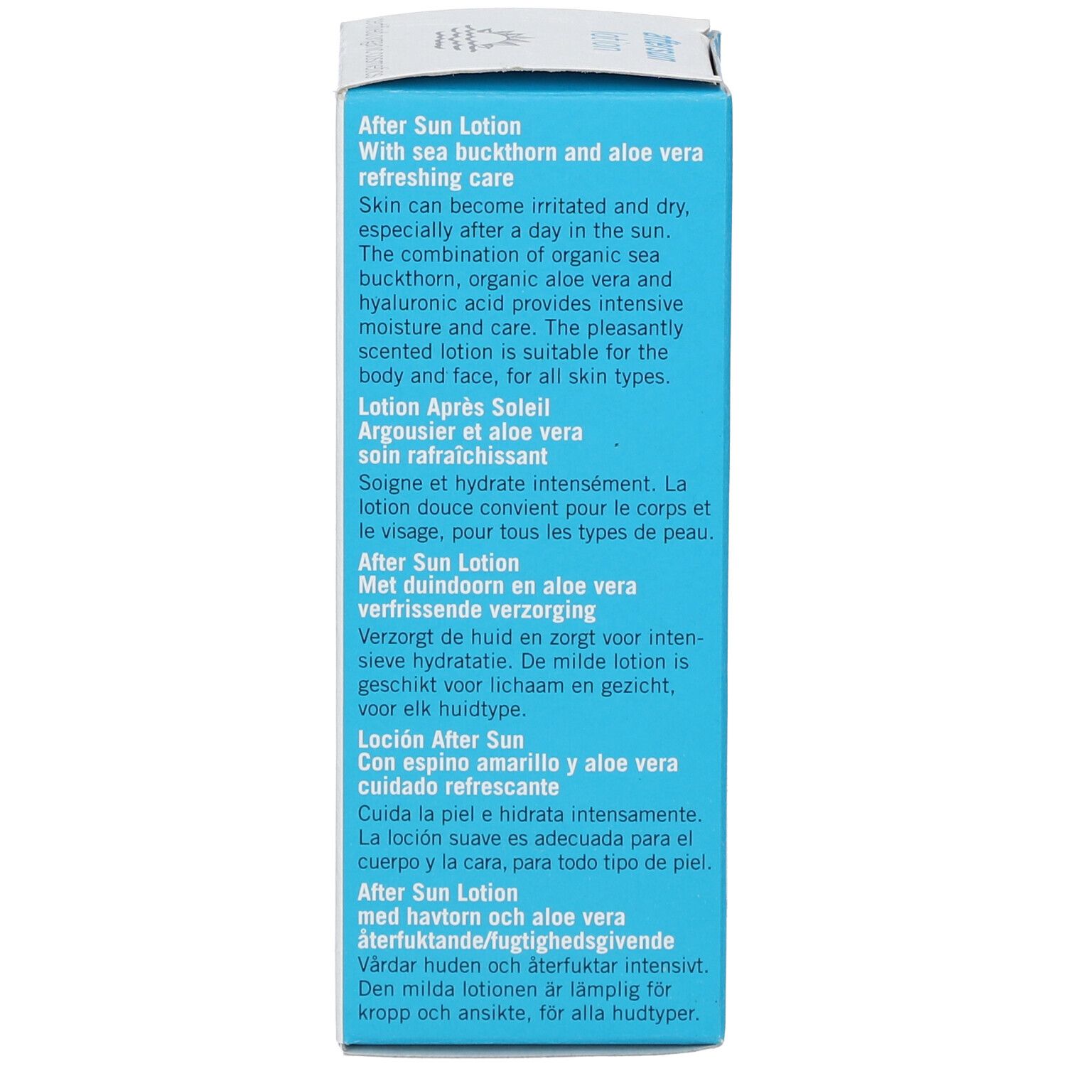 Dos de l'emballage. Texte multilingue. Description du produit. Logo neutre pour le climat. Label FSC.