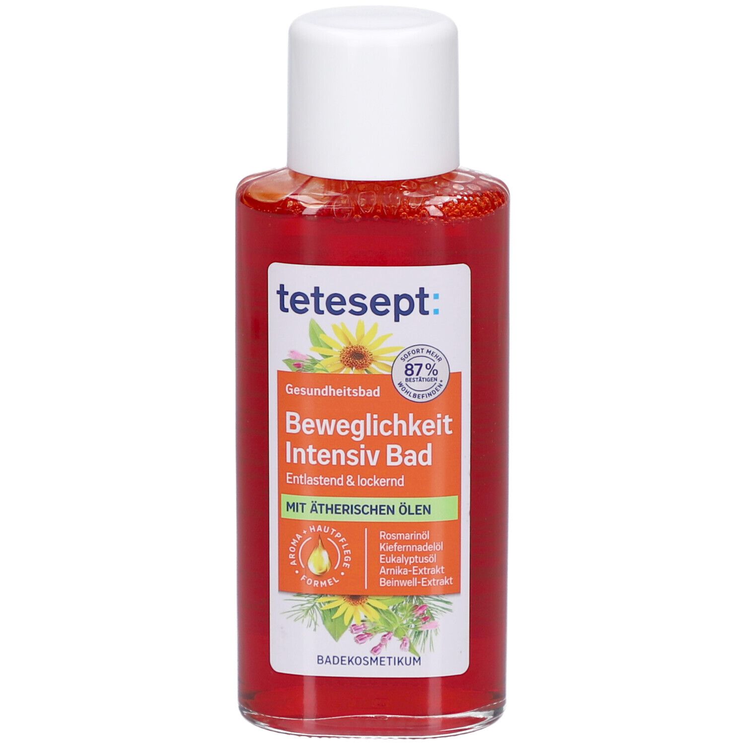 tetesept Beweglichkeit Intensiv Bad. Liquide orange en flacon blanc. Vegan.