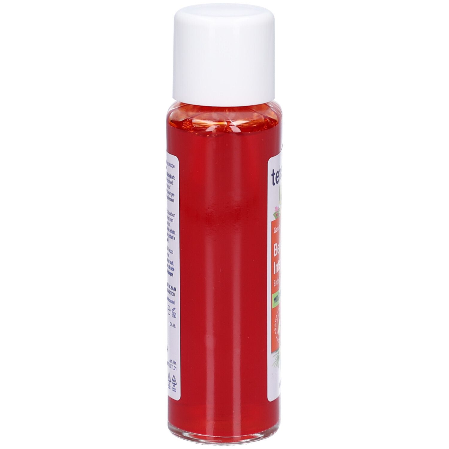 tetesept Beweglichkeit Intensiv Bad. Bouteille de liquide orange avec bouchon blanc.