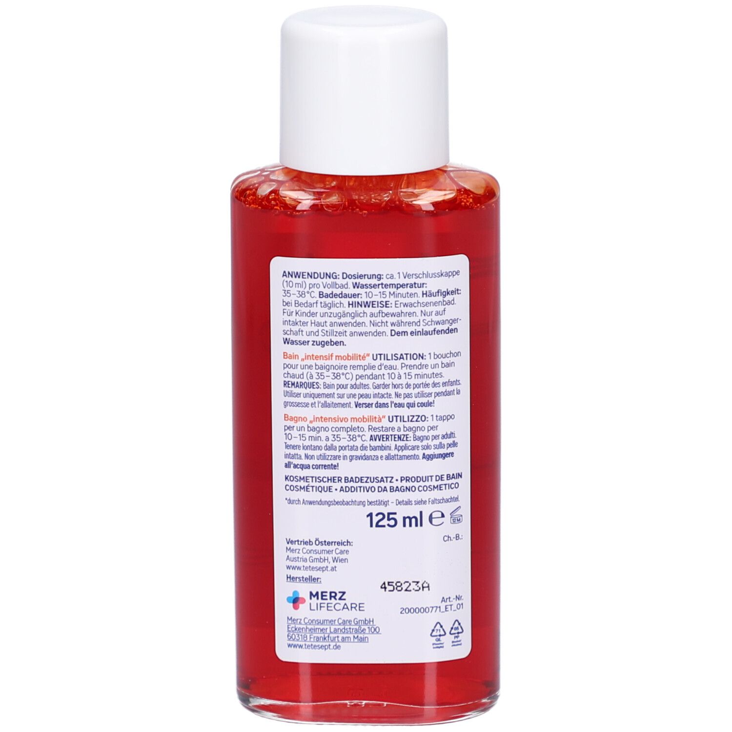 tetesept Beweglichkeit Intensiv Bad. Dos de la bouteille avec texte et 125 ml.