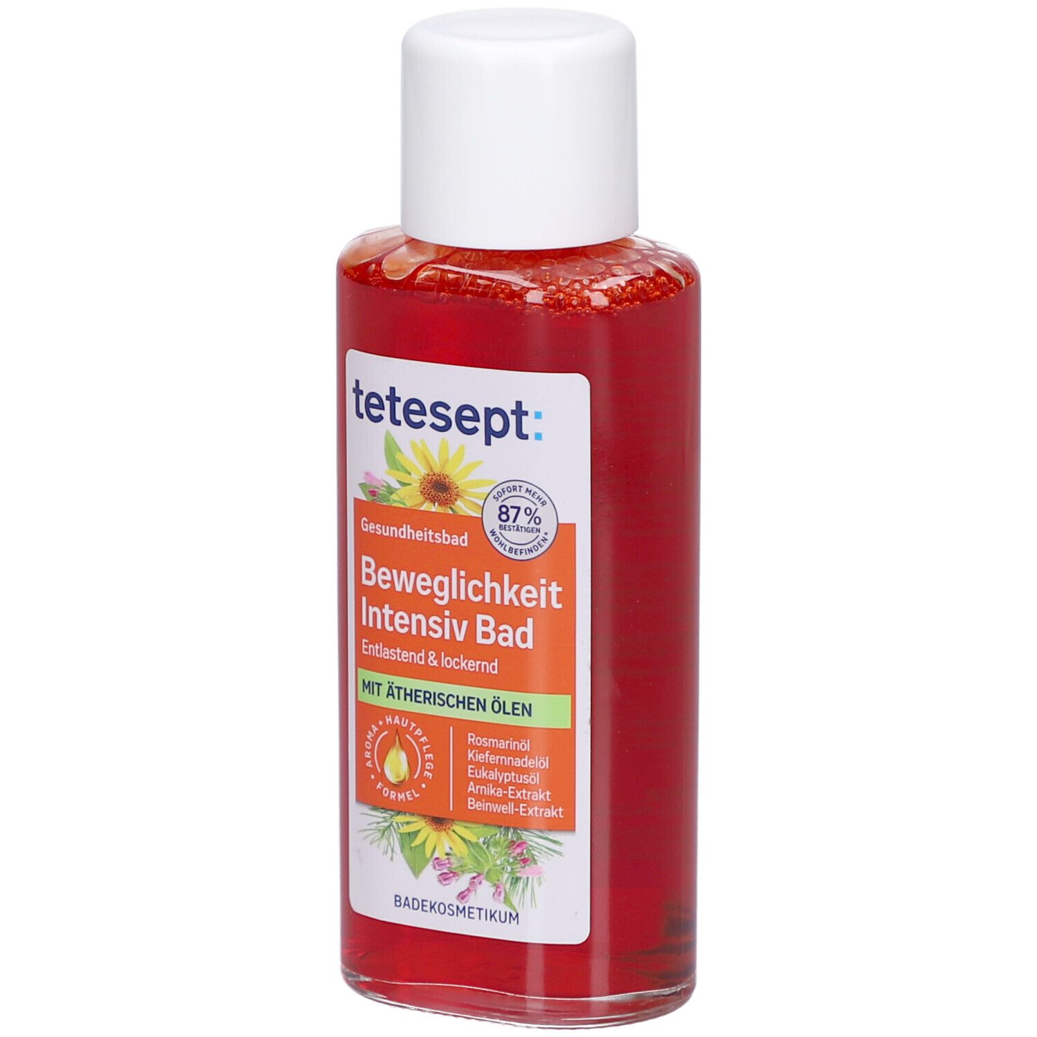 tetesept Beweglichkeit Intensiv Bad. Liquide orange en flacon blanc. Vegan.