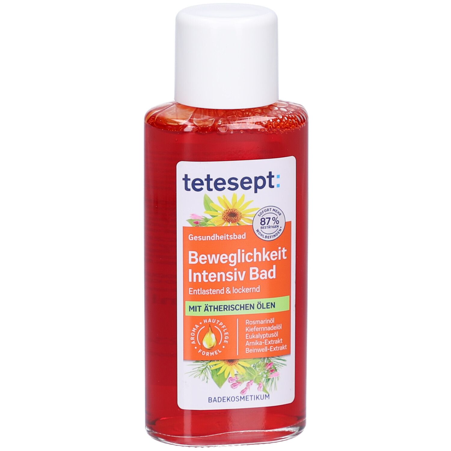 tetesept Beweglichkeit Intensiv Bad. Liquide orange en flacon blanc. Vegan.