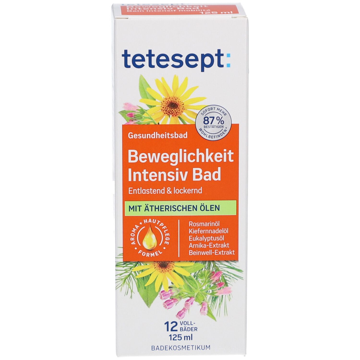 tetesept Beweglichkeit Intensiv Bad. Boîte avec texte et 125 ml. Vegan.