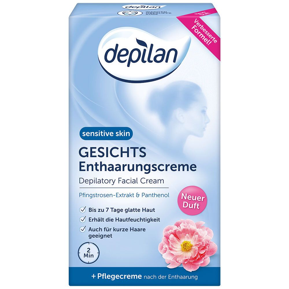 Emballage bleu et blanc de depilan Sensitive Skin. Inscription: profil de visage, fleurs, informations sur le produit.