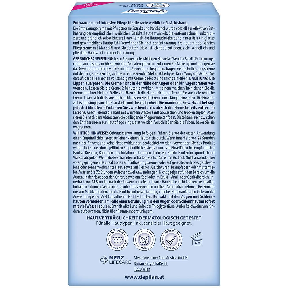 Dos de l'emballage de depilan Sensitive Skin. Texte: utilisation, ingrédients, avertissements, fabricant.