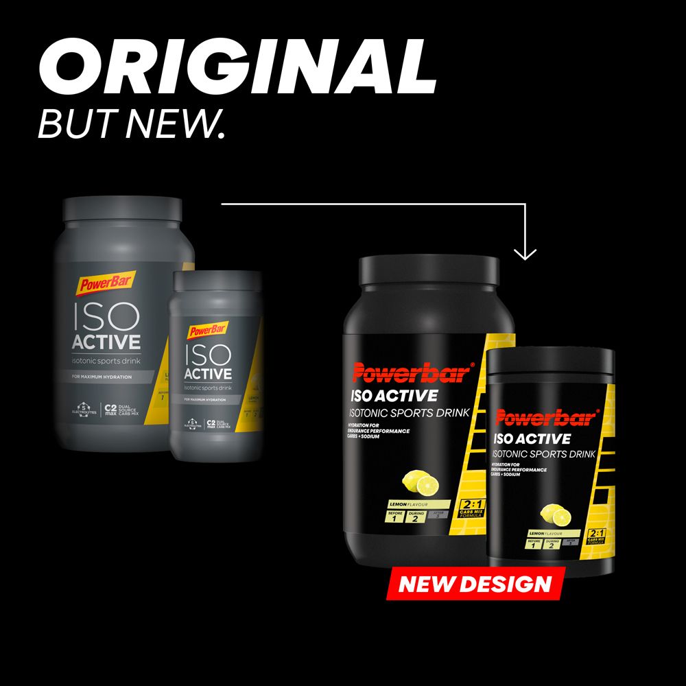 Deux boîtes de PowerBar Isoactive, ancienne et nouvelle version. Inscription : Isoactive, boisson sportive isotonique.