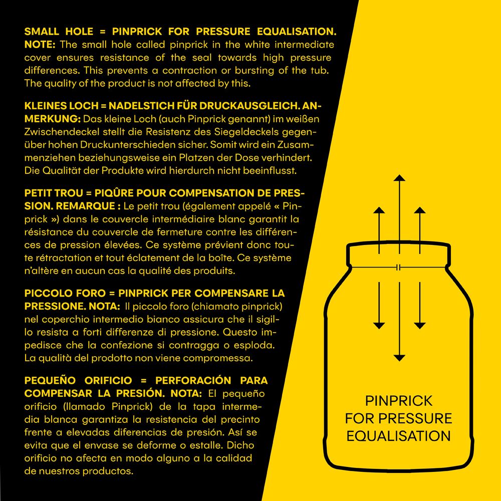 Graphique d'une boîte avec un petit trou. Texte : Pinprick pour compensation de pression. Explication en plusieurs langues.
