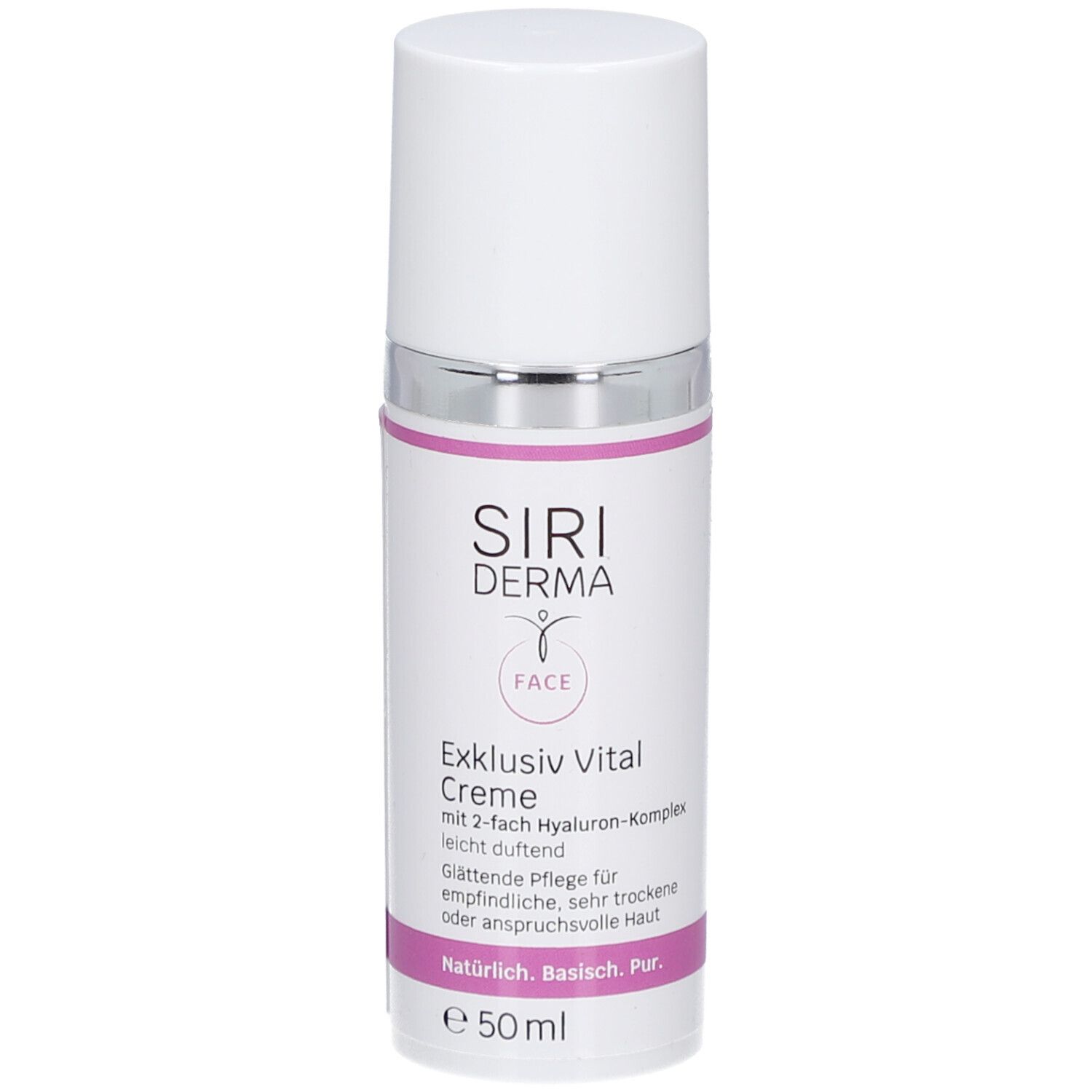 Flacon de crème avec bouchon blanc et bague argentée. Inscription : SIRIDERMA, Exklusiv Vital Creme, Face. Zone de texte rose.