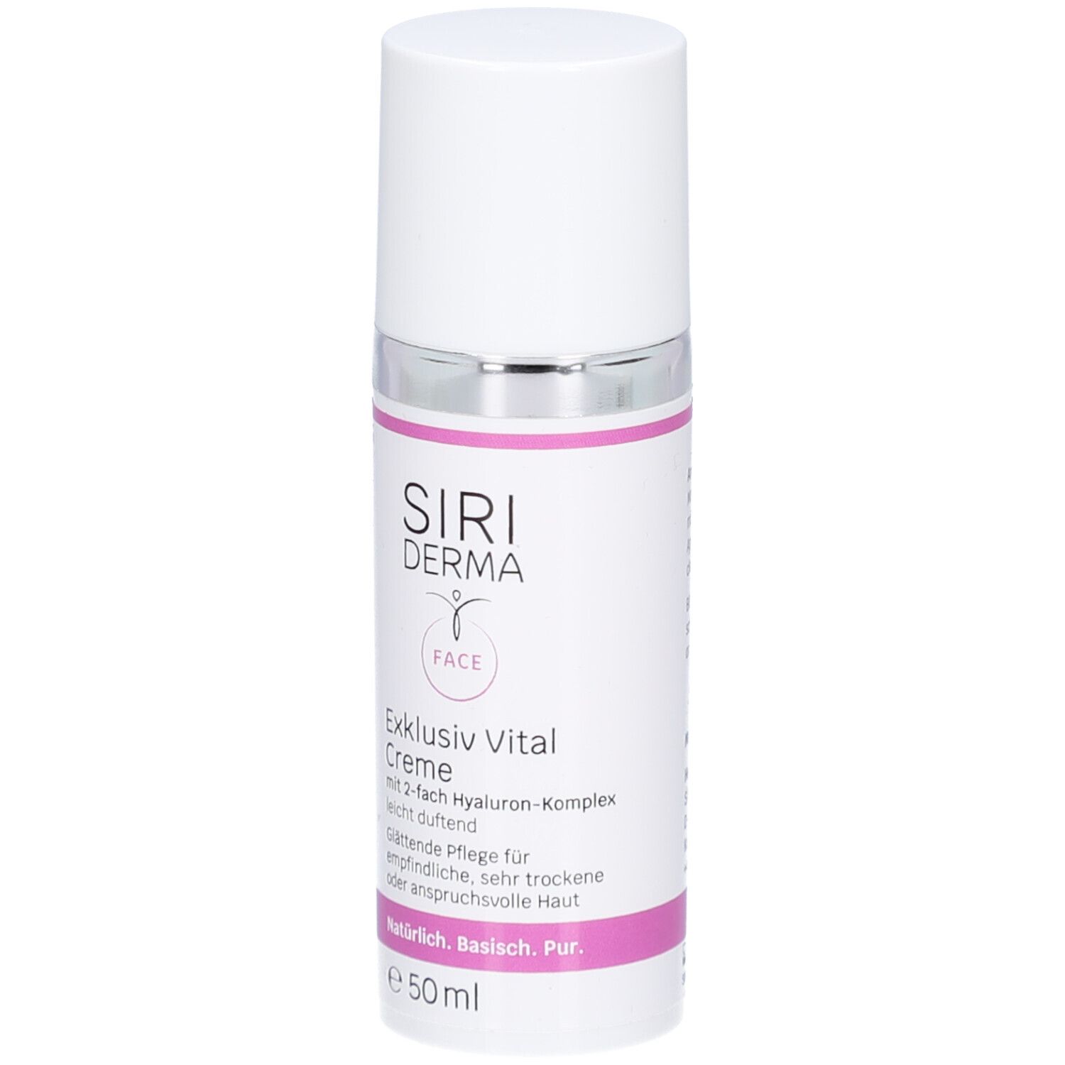 Flacon de crème avec bouchon blanc et bague argentée. Inscription : SIRIDERMA, Exklusiv Vital Creme, Face. Zone de texte rose.