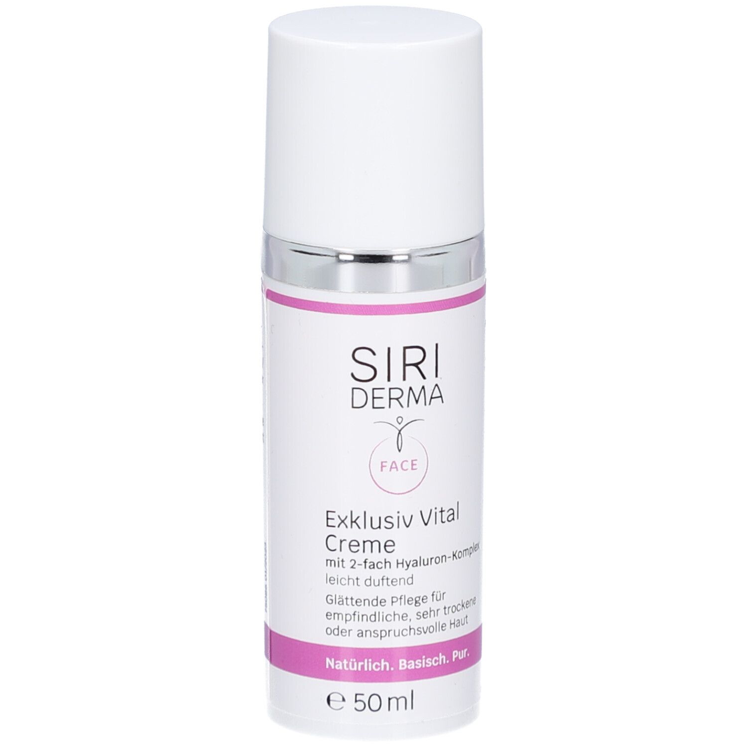 Flacon de crème avec bouchon blanc et bague argentée. Inscription : SIRIDERMA, Exklusiv Vital Creme, Face. Zone de texte rose.