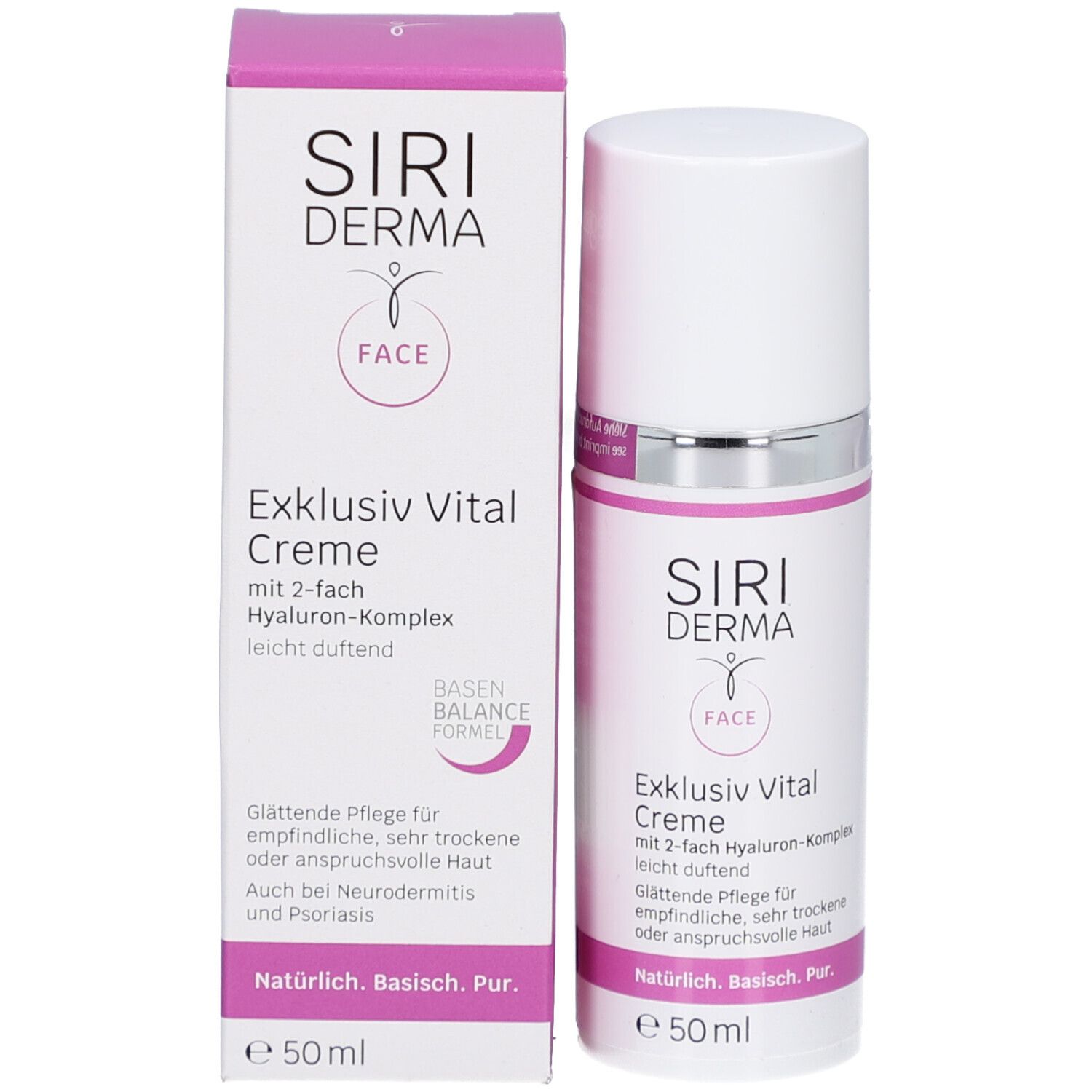Flacon de crème et emballage. Inscription : SIRIDERMA, Exklusiv Vital Creme, Face. Zone de texte rose. Emballage blanc.