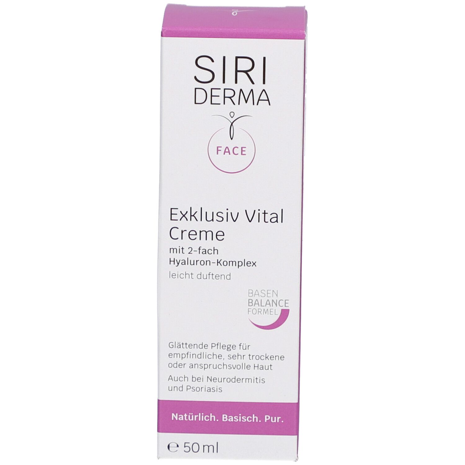 Emballage. Inscription : SIRIDERMA, Exklusiv Vital Creme, Face. Zone de texte rose. Emballage blanc.