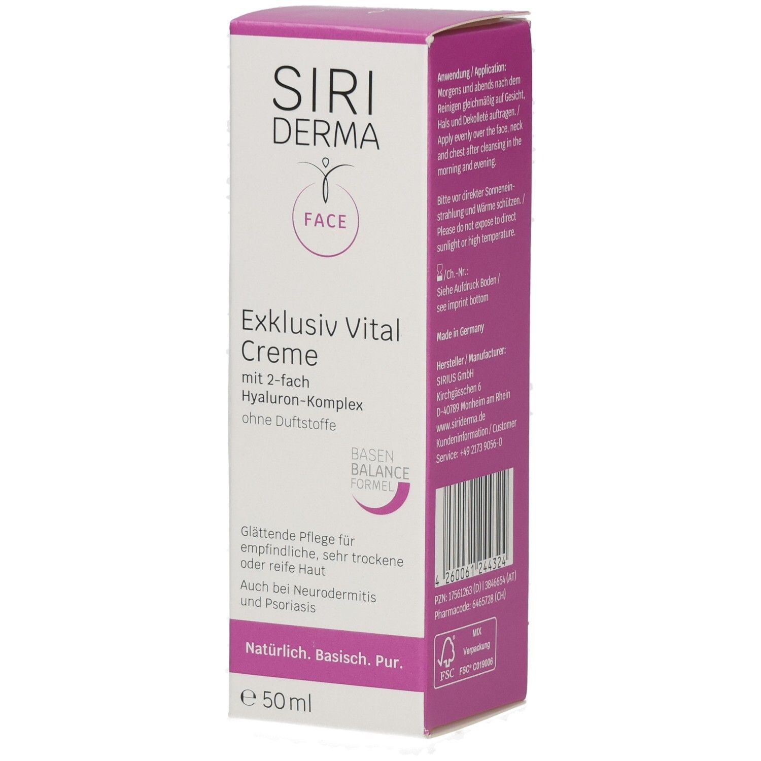 Emballage de la crème SIRIDERMA Exklusiv Vital, 50ml, sans parfum.