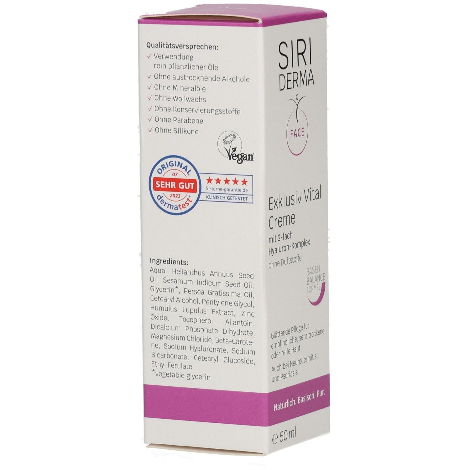 Arrière de l'emballage SIRIDERMA Exklusiv Vital Crème avec ingrédients et sceaux.