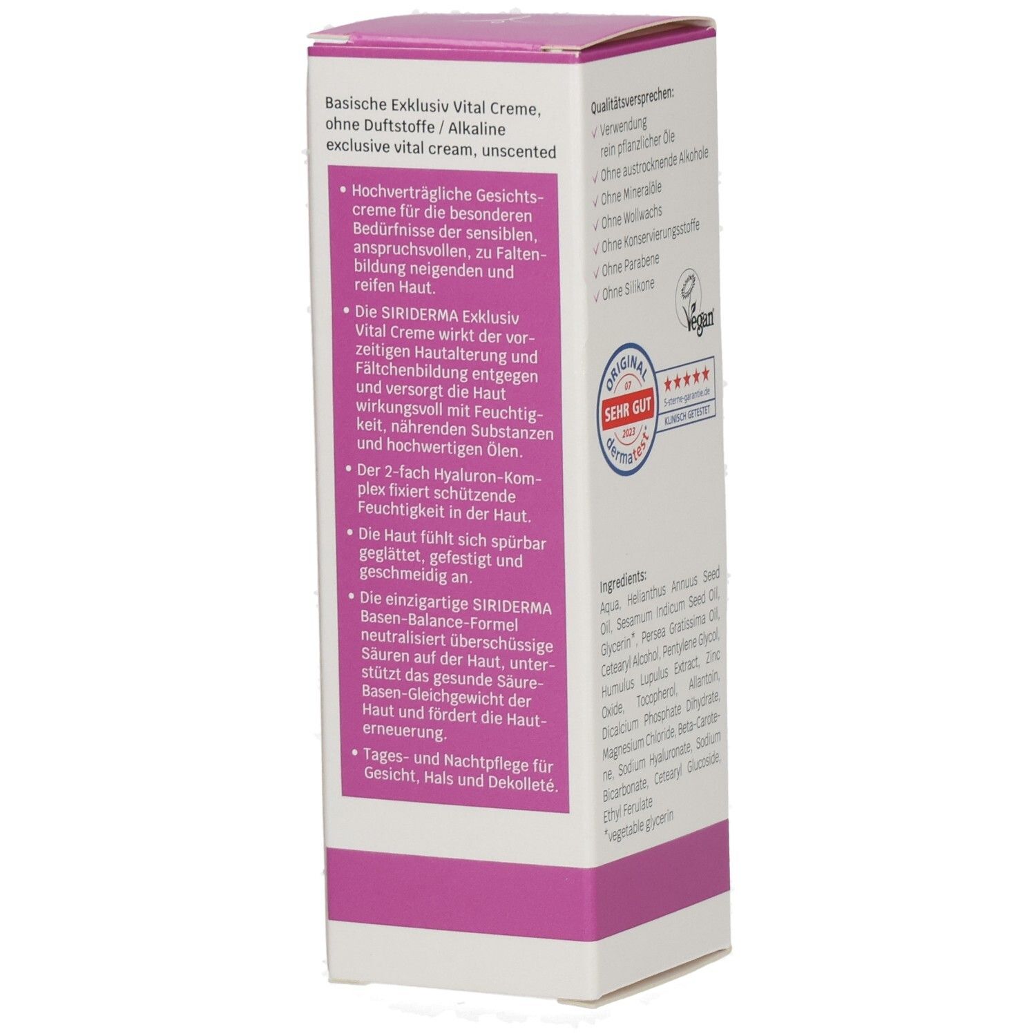 Vue latérale de l'emballage SIRIDERMA Exklusiv Vital Crème avec informations produit.