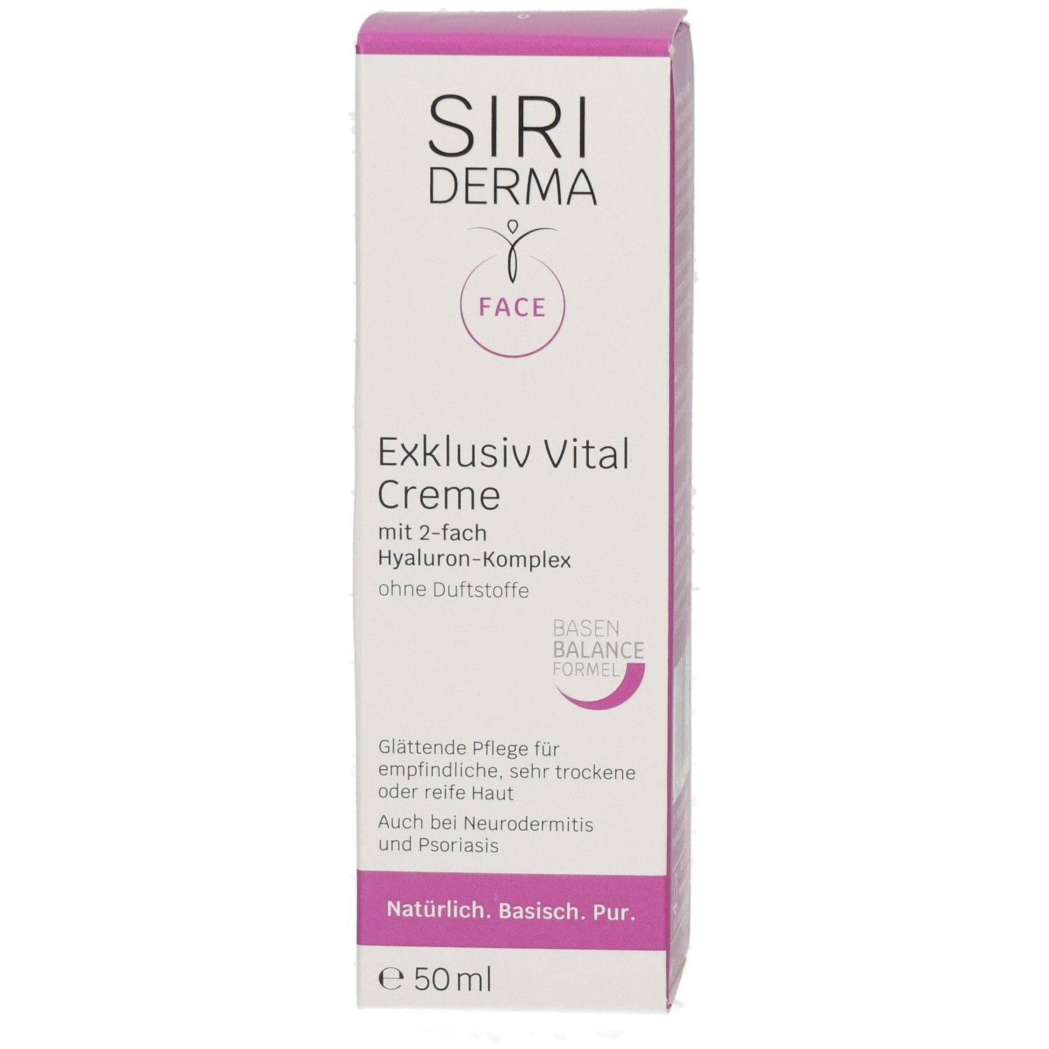 Emballage de la crème SIRIDERMA Exklusiv Vital, 50ml, sans parfum, avec complexe d'acide hyaluronique.