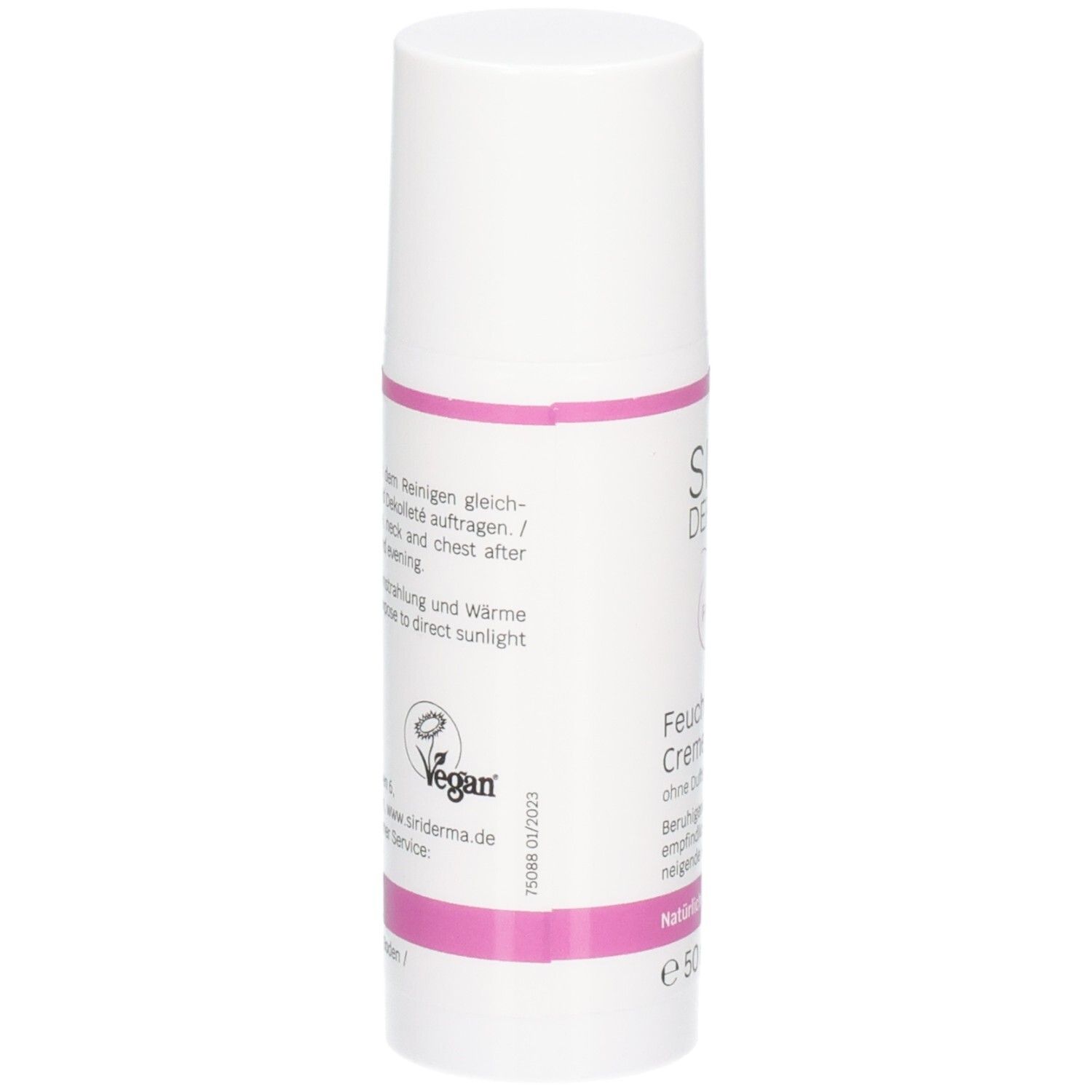 Dos du flacon blanc avec accents roses. Texte : SIRIDERMA, Crème hydratante, sans parfum. Label végan.