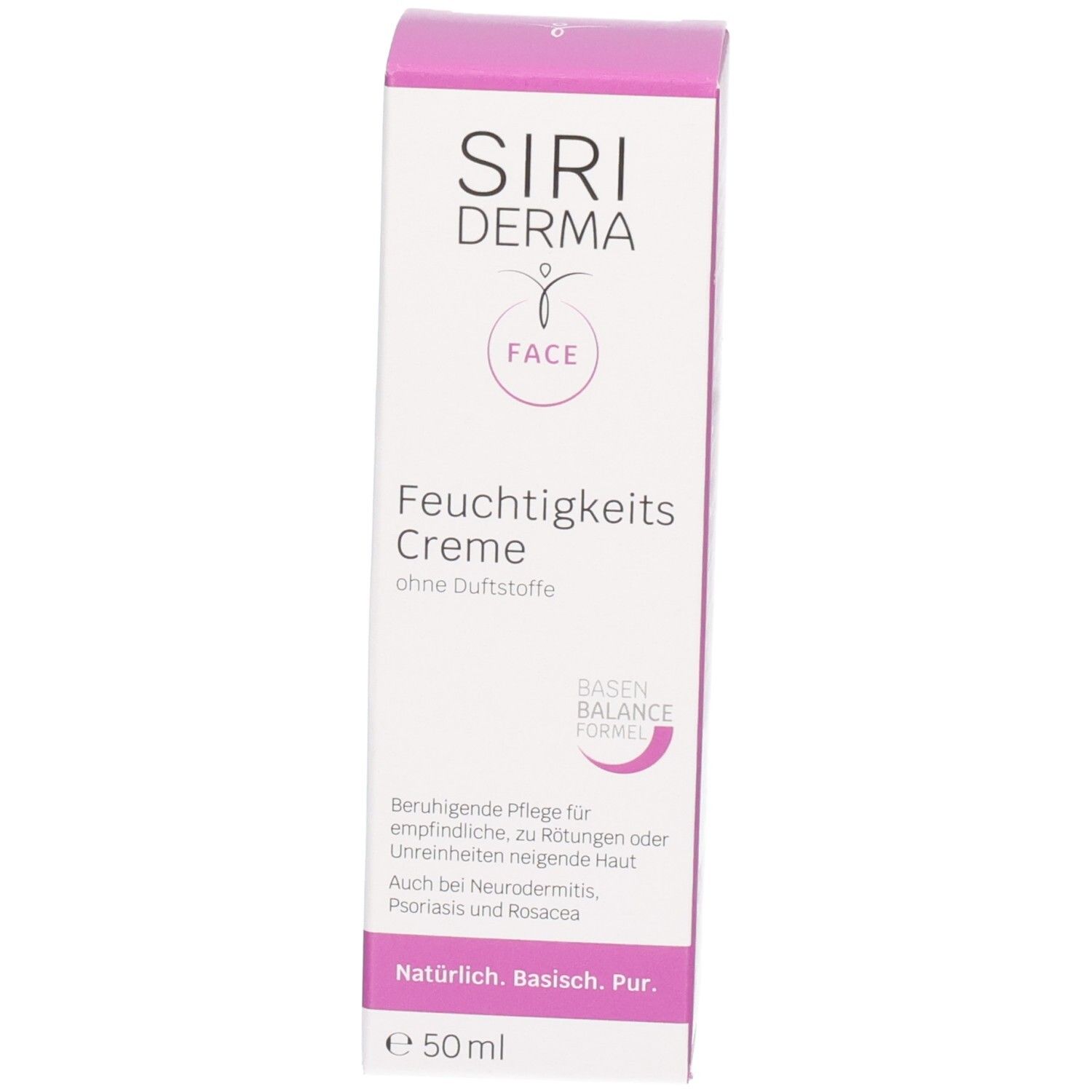 Emballage du produit. Blanc avec accents roses. Inscription : SIRIDERMA, Crème hydratante sans parfum. 50 ml.