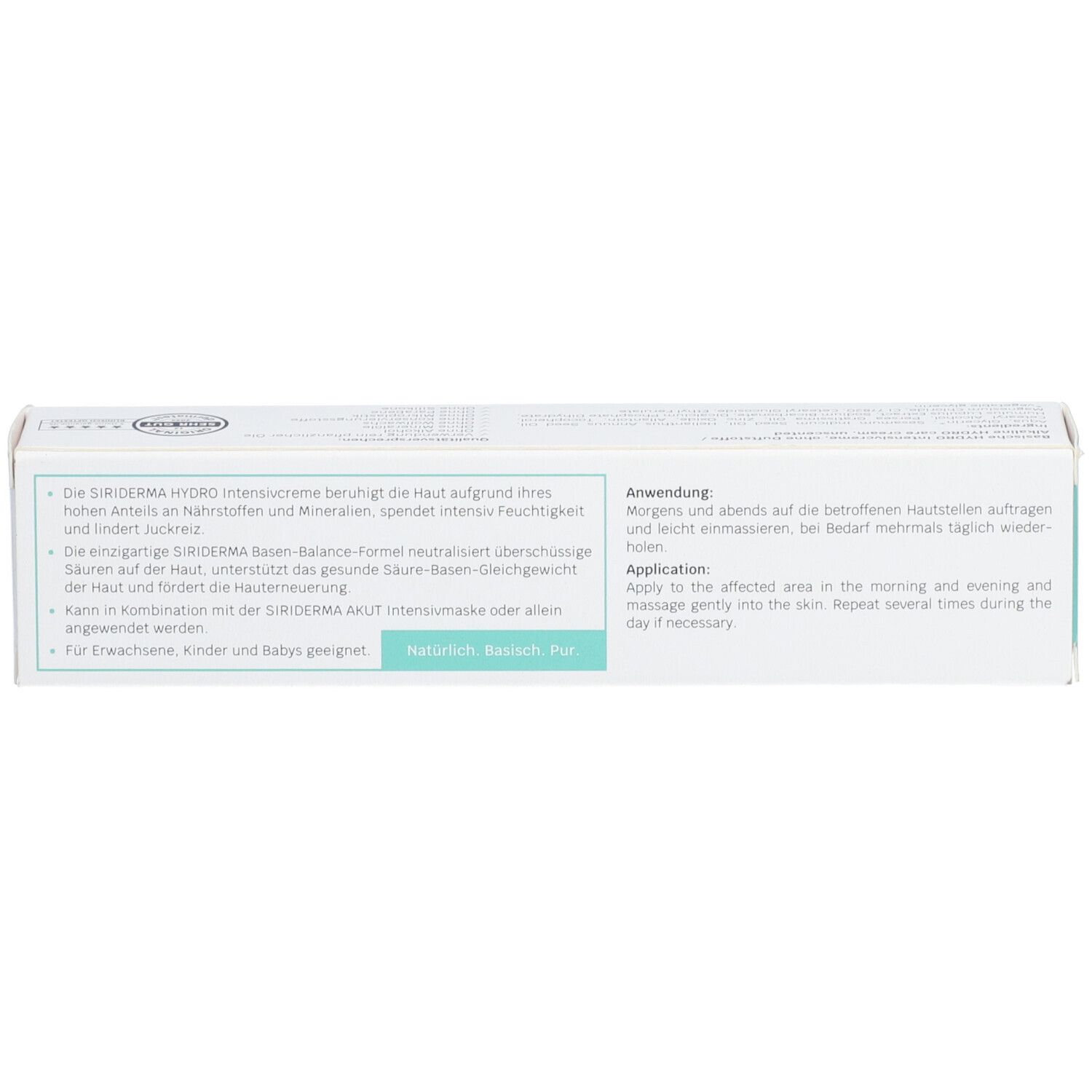 Emballage ouvert SIRIDERMA HYDRO Intensivcreme avec instructions d'application.